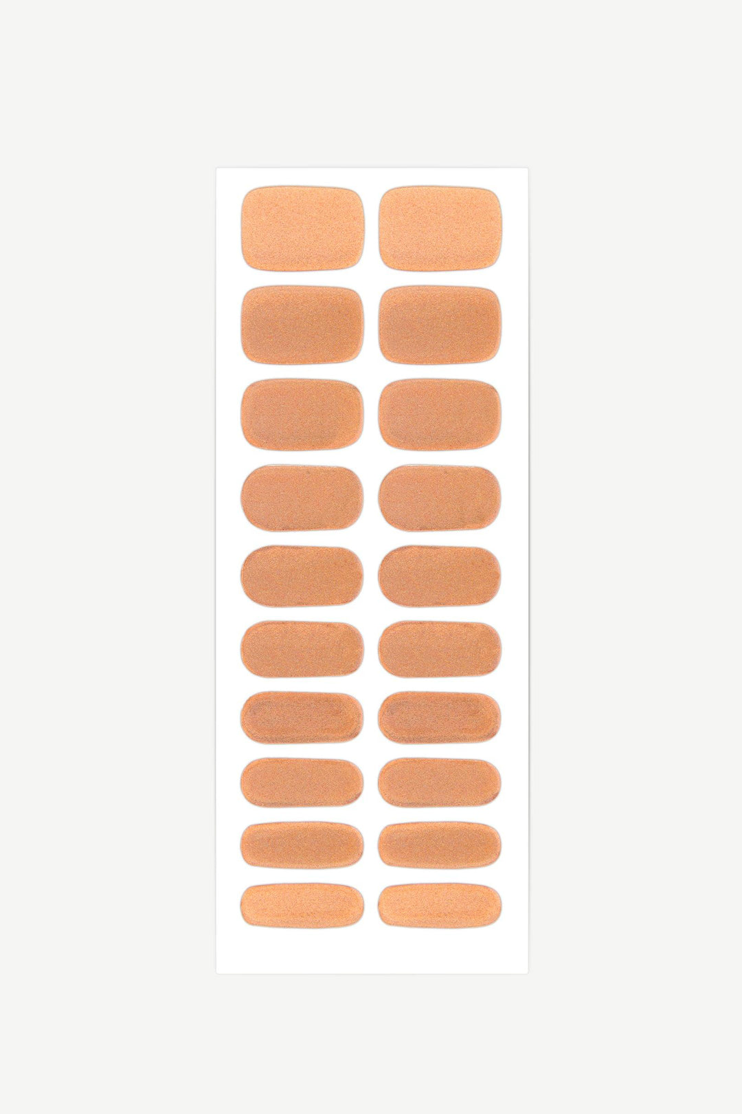 Sheet of copper shimmer gel nail wraps with metallic high-gloss finish and fully opaque coverage.