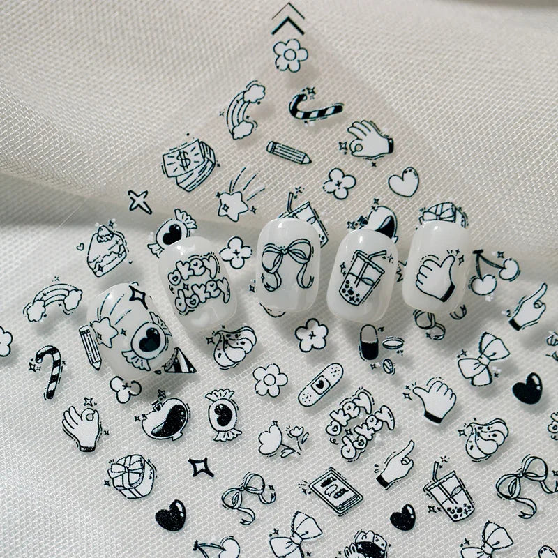 Black & White Doodle Nail Art Stickers
