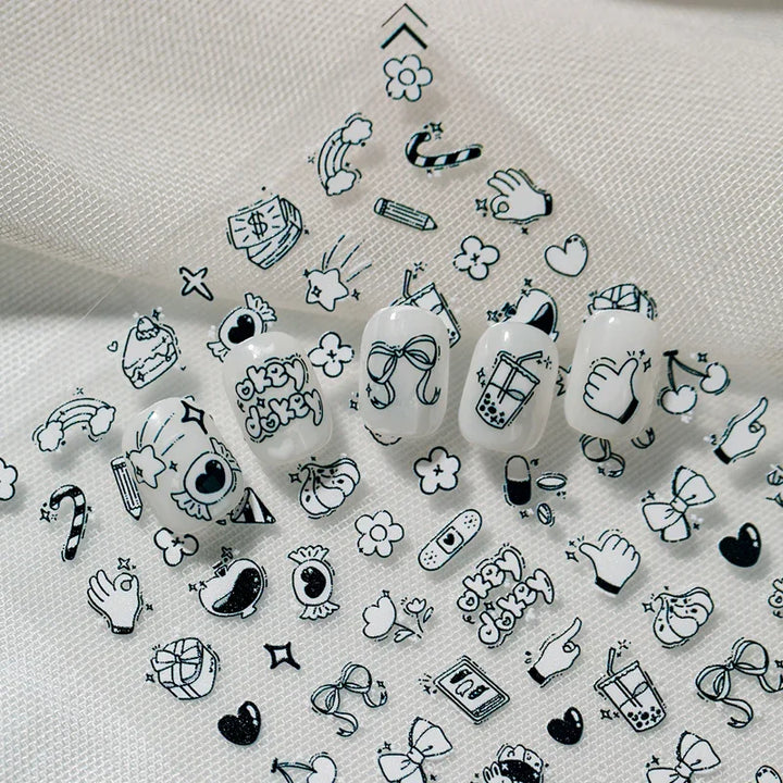 Black & White Doodle Nail Art Stickers