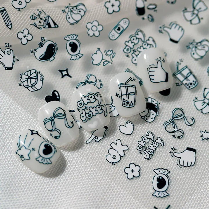 Black & White Doodle Nail Art Stickers