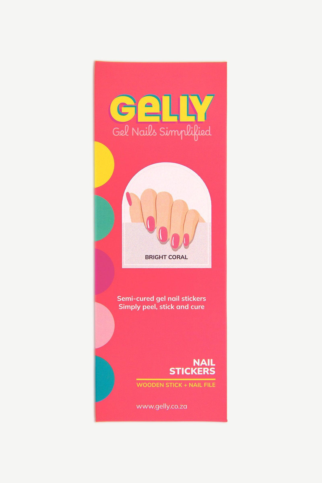 Bright coral semi-cured gel nail wrap packaging from Gelly.