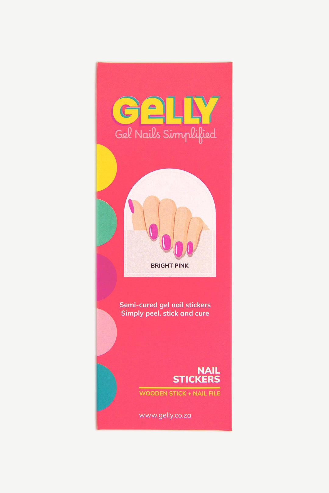 Packaging of bright pink gel nail stickers in colorful Gelly box.