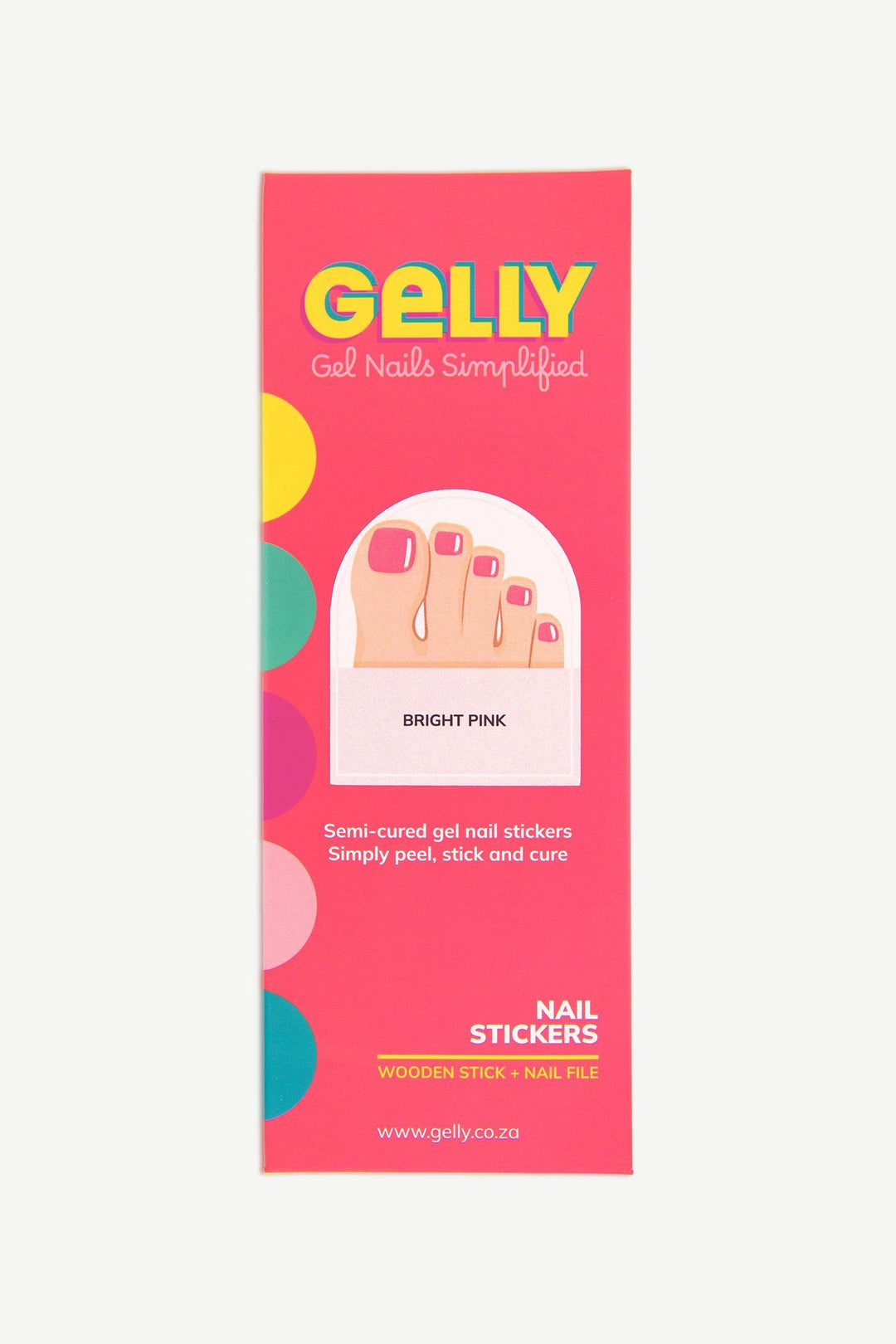 Gelly packaging for bright pink semi-cured gel toenail wraps.