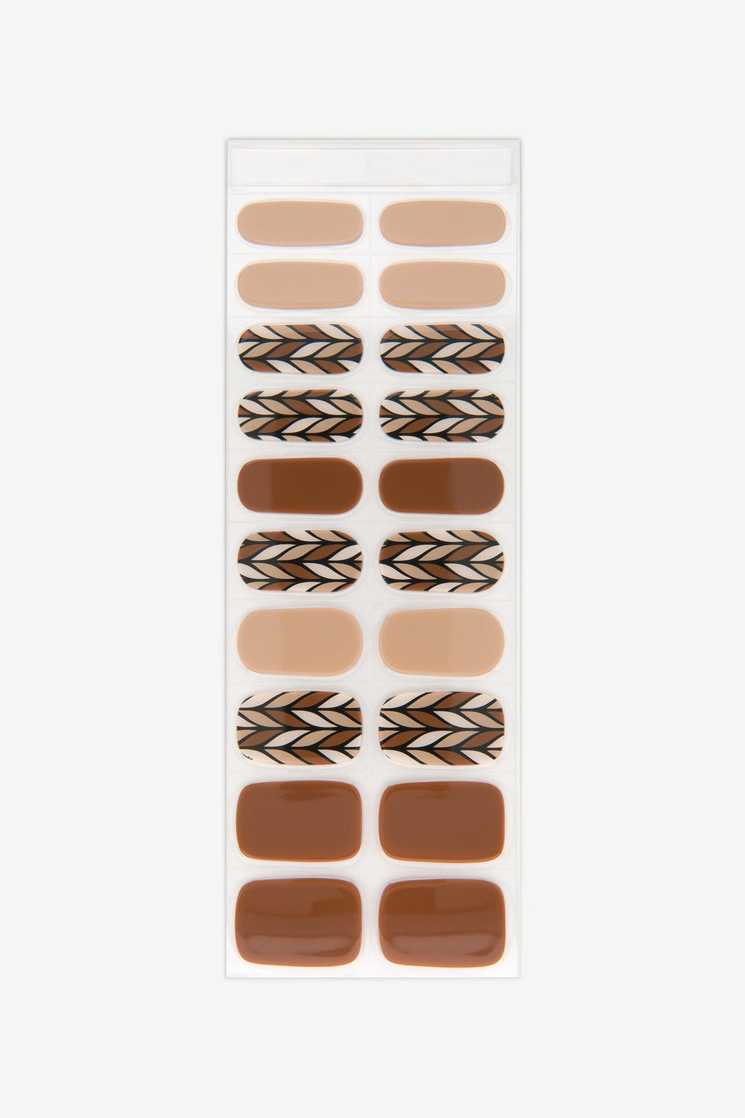 Sheet of nude and caramel brown semi-cured gel nail wraps with glossy geometric accent designs.
