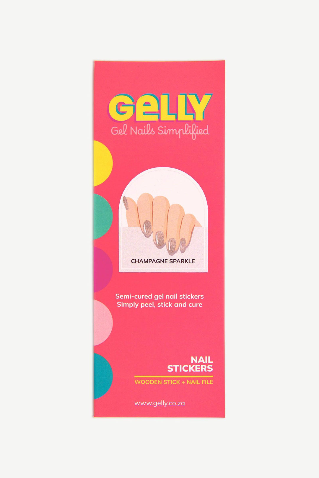 Packaging of Champagne Sparkle semi-cured gel nail strips in bright pink box with product sheet visible and glitter detailing.