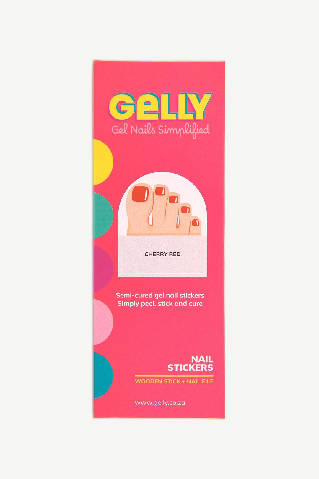Gelly packaging for crimson red semi-cured gel toenail wraps.
