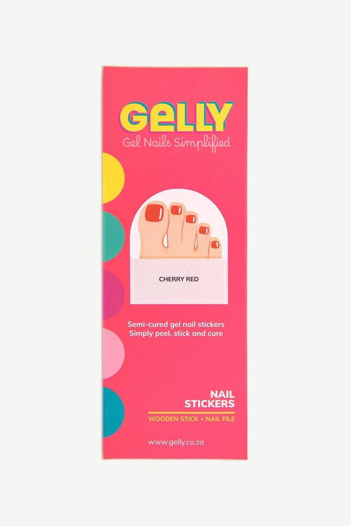Gelly packaging for crimson red semi-cured gel toenail wraps.
