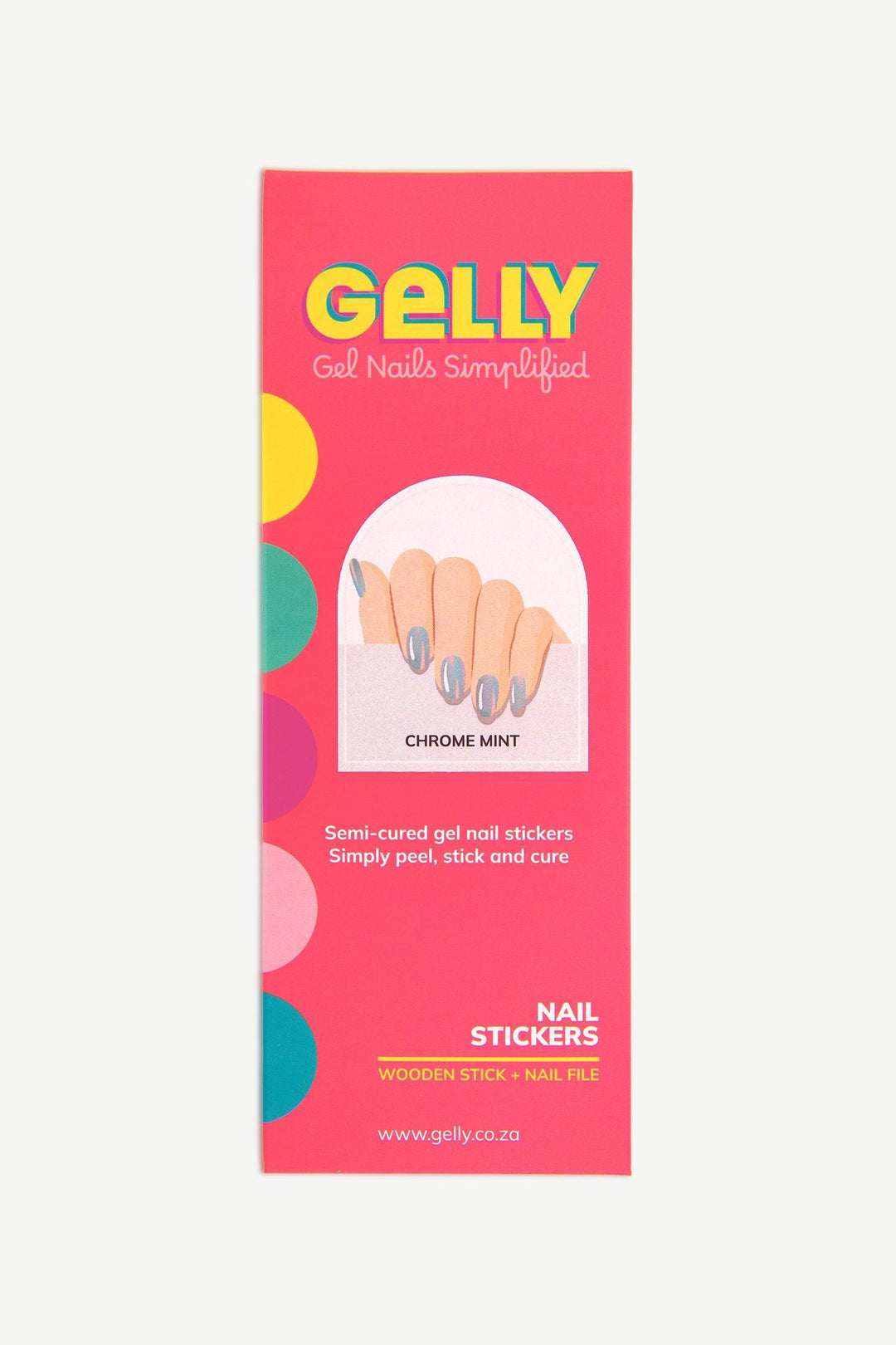 Chrome Mint semi-cured gel nail stickers packaging, bright pink Gelly box.