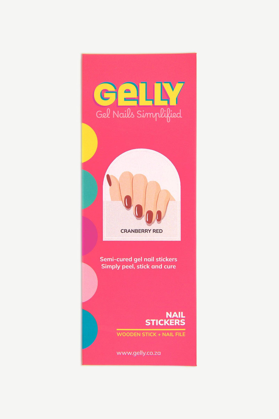 Packaging of cranberry red gel nail stickers in bright pink Gelly box with modern graphic design.