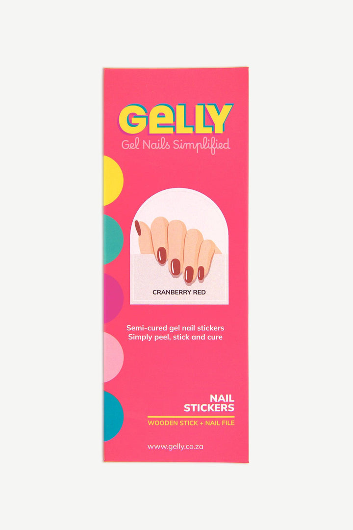 Packaging of cranberry red gel nail stickers in bright pink Gelly box with modern graphic design.