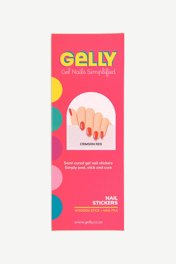 Gelly packaging for crimson red semi-cured gel nail wraps.