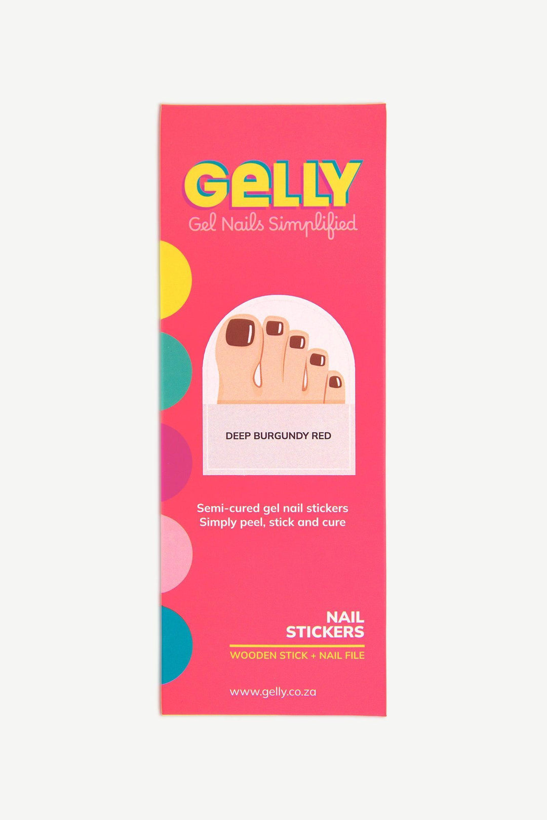 Gelly packaging for burgundy red semi-cured gel toenail wraps.