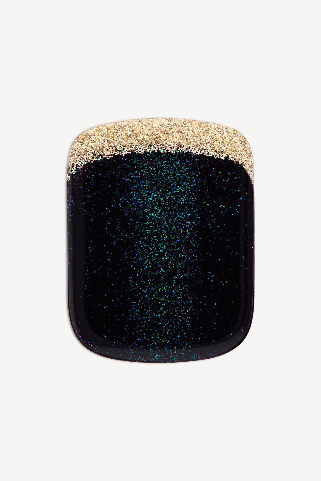 A macro image of emerald green stick-on gel toenail with gold glitter cuticle cuff and glossy finish, shown on white background.