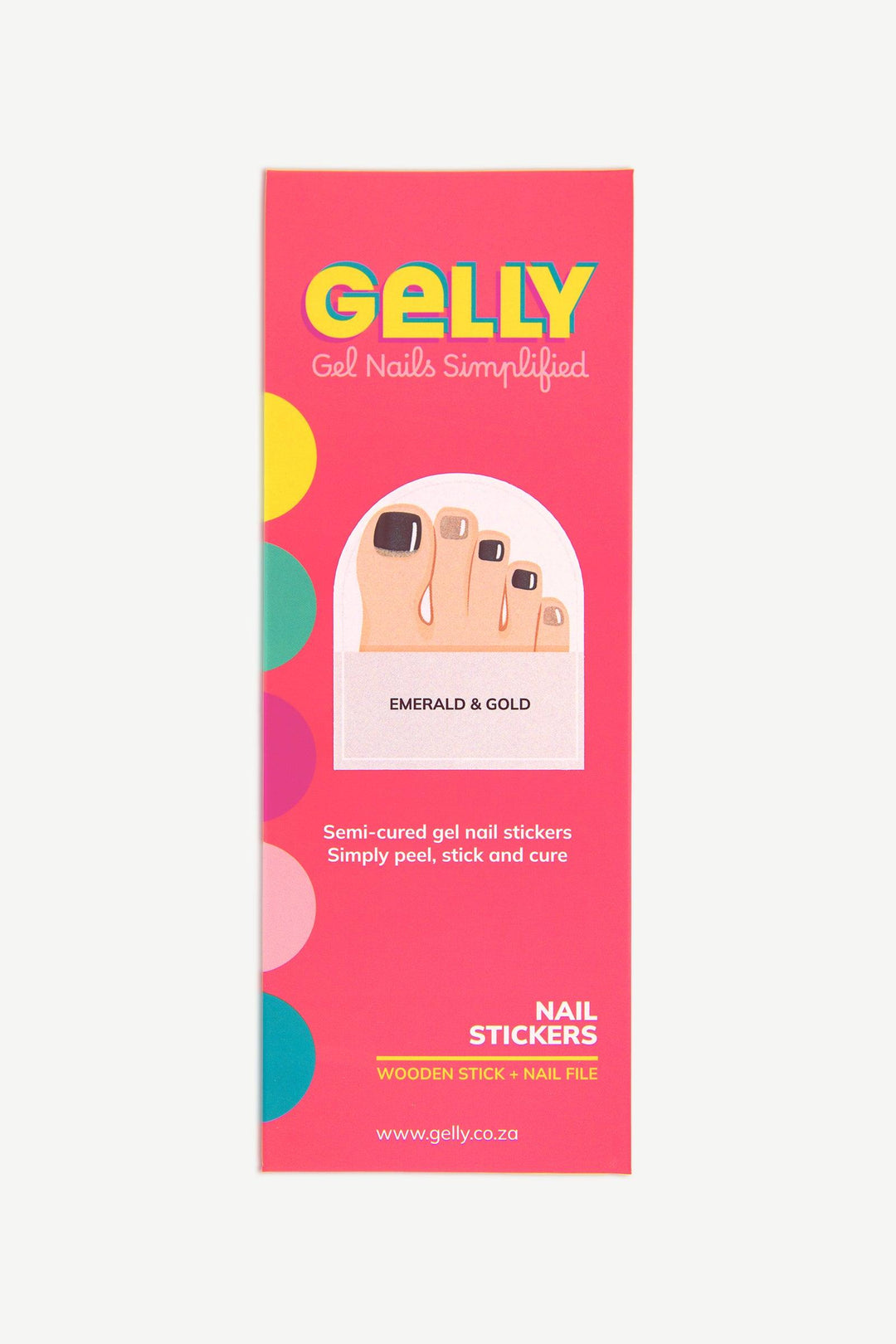 Packaging of emerald and gold gel toenail stickers in bright pink box with modern Gelly design.