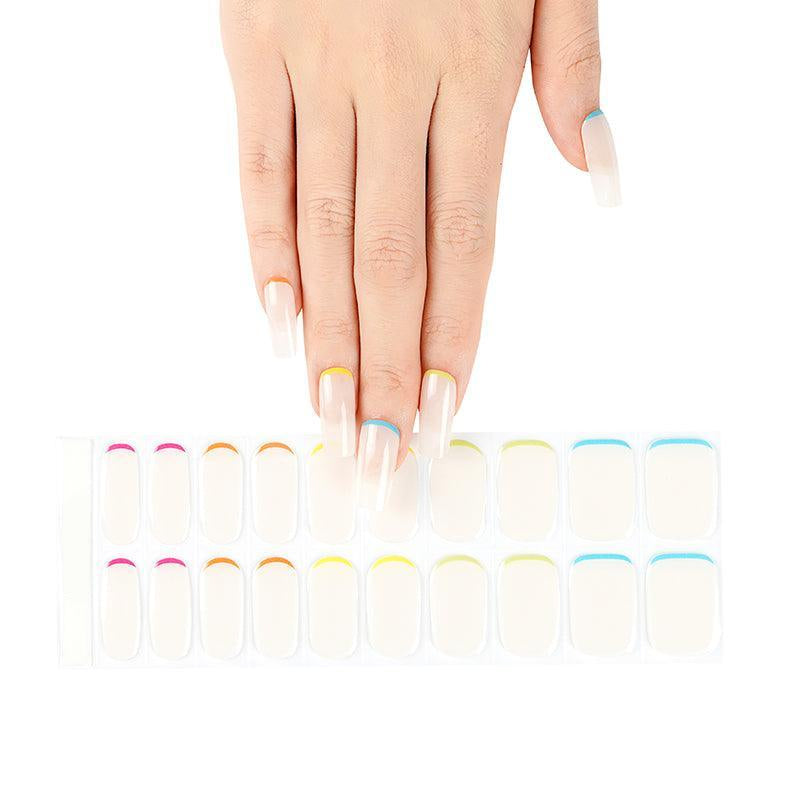 Semi-cured sheer gel nail strips with neon cuticle accents in pink, orange, yellow, green, and blue.