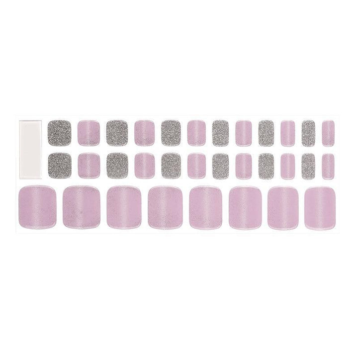 Sheet of shimmering lavender and gray semi-cured gel toenail strips with metallic cat-eye effect.