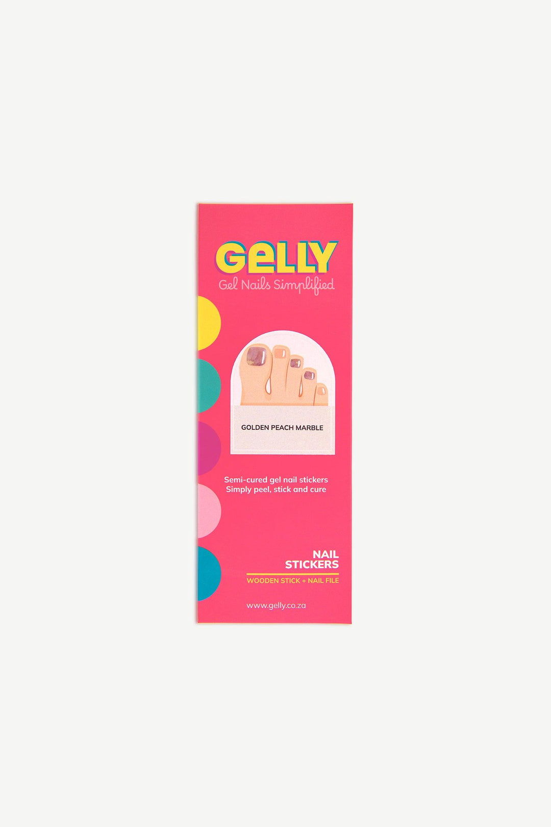 Gelly packaging for golden peach marble gel toenail wraps with pink and coral design.