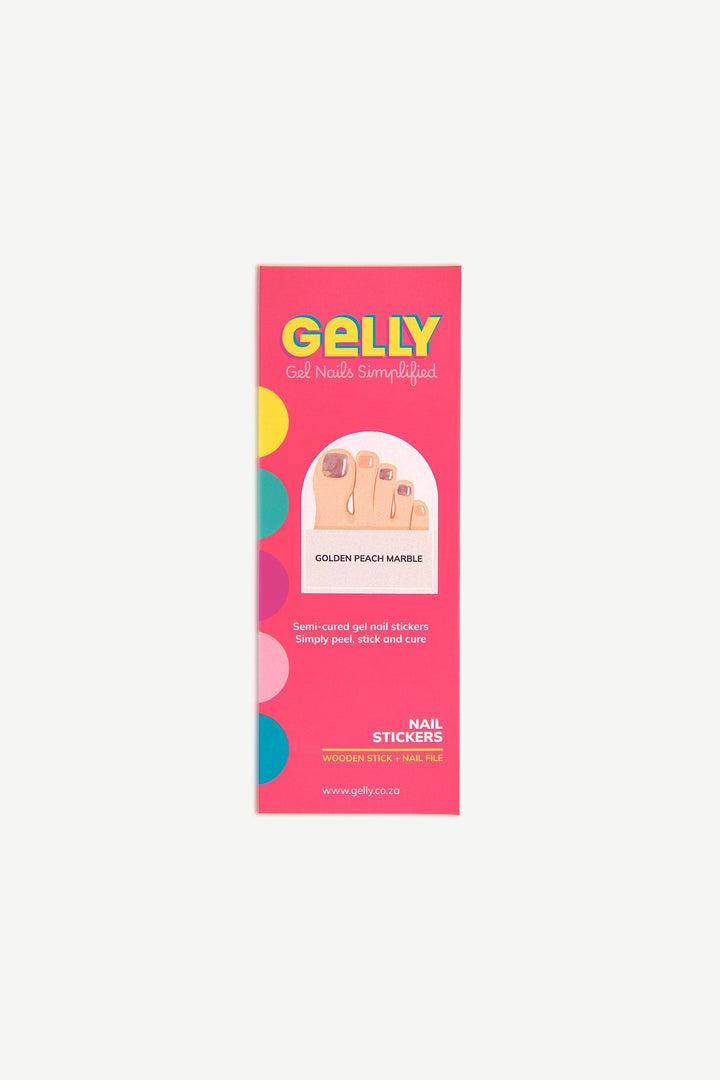 Gelly packaging for golden peach marble gel toenail wraps with pink and coral design.