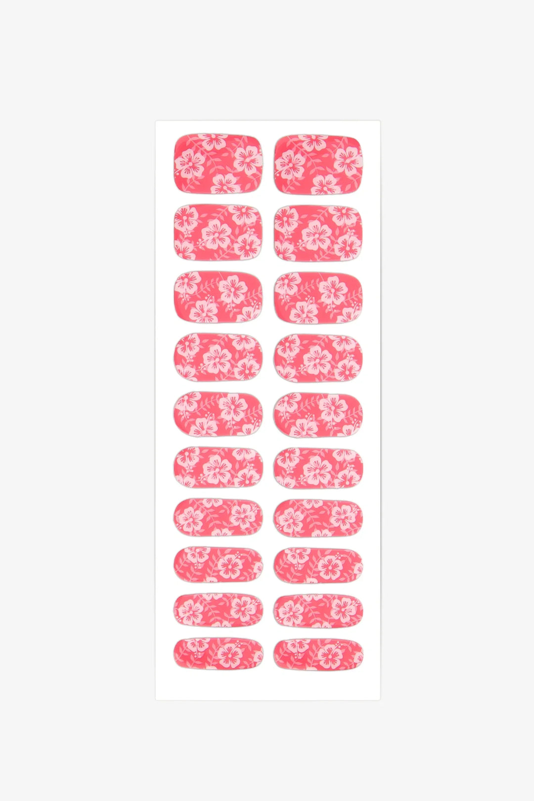 Sheet of semi-cured gel nail wraps in bright pink with white hibiscus designs and a smooth, glossy surface