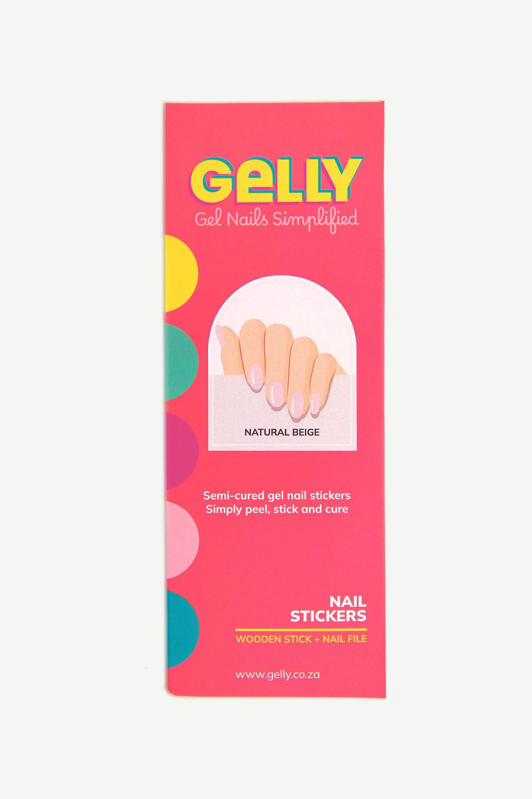 Packaging of natural beige gel nail stickers in bright pink Gelly box with minimalist design.