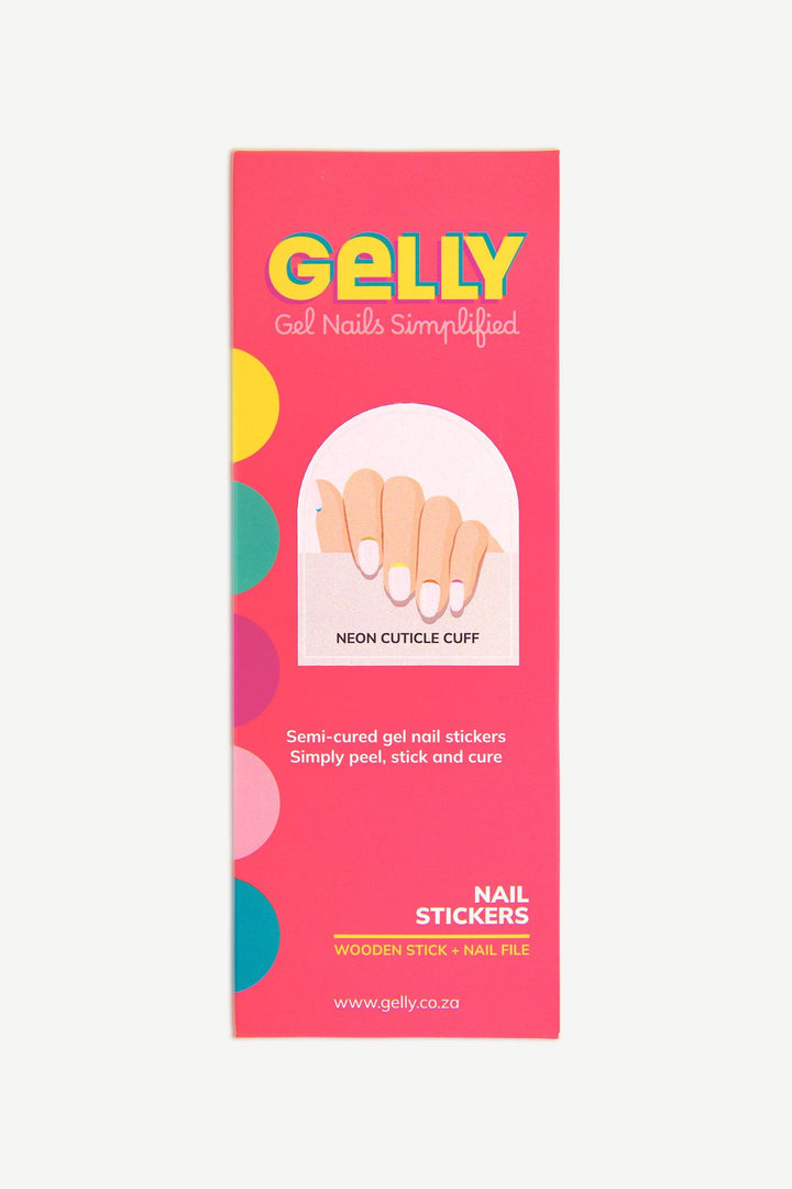 Packaging of Neon Cuticle Cuff semi-cured gel nail strips in bright pink box with product sheet visible, designed with colorful neon details.