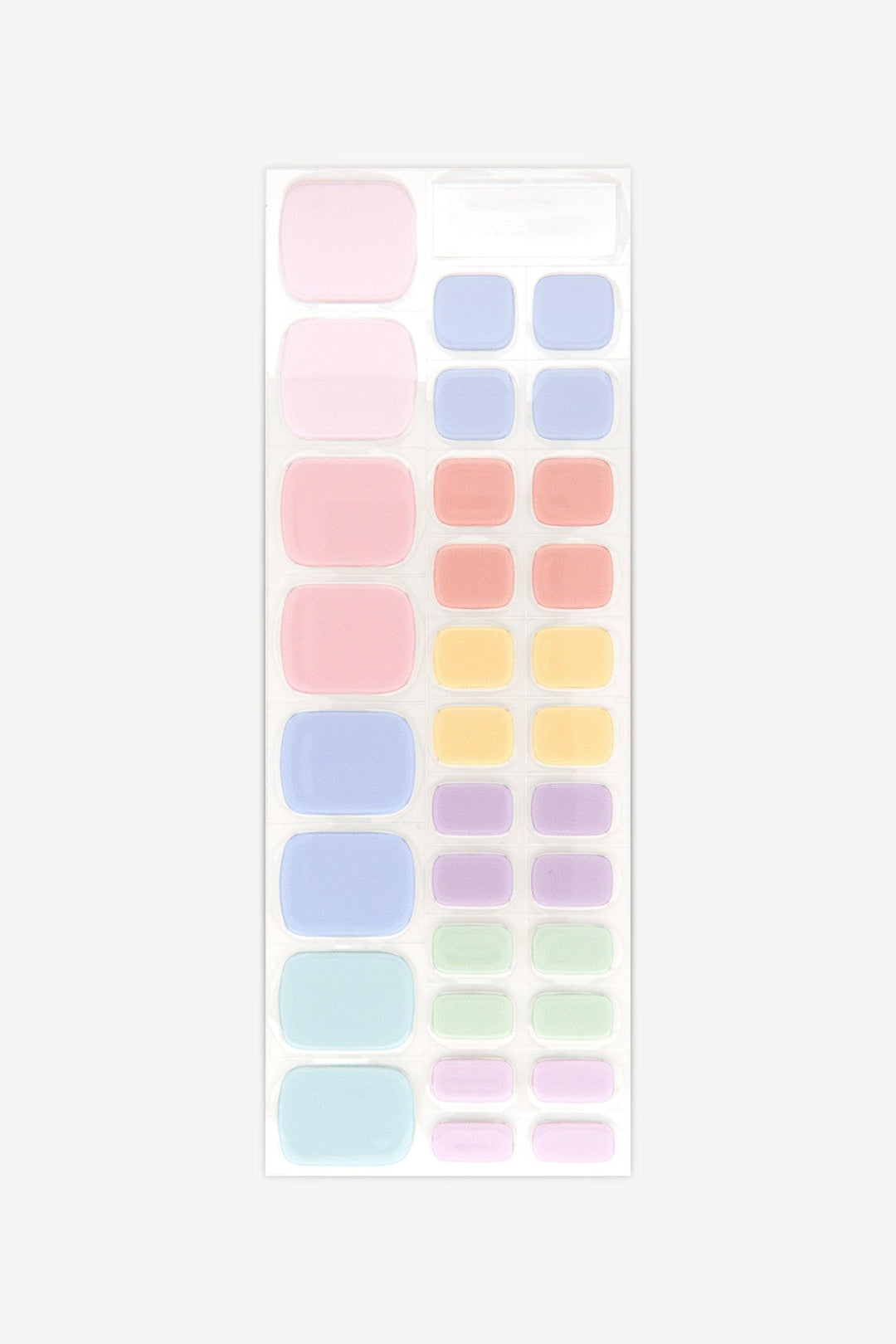 Sheet of pastel rainbow semi-cured gel toenail wraps in mixed soft shades with high-gloss finish.