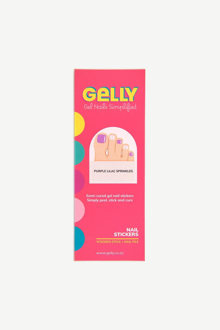 Packaging of Purple Lilac Sprinkles semi-cured gel toenail strips in bright pink box with product sheet visible.