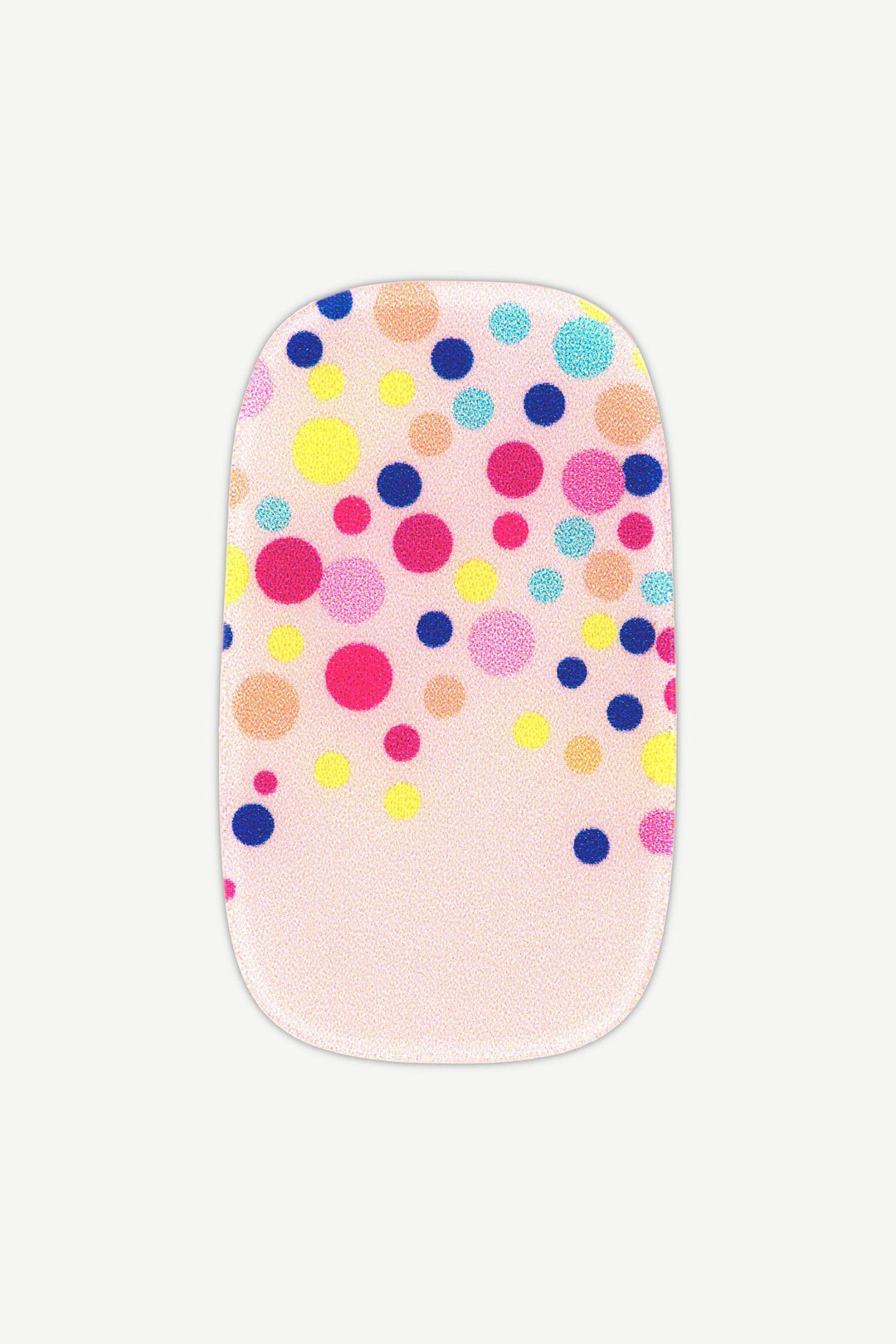 Glossy nude stick-on gel nail with multicolored polka dots on a sheer warm base.