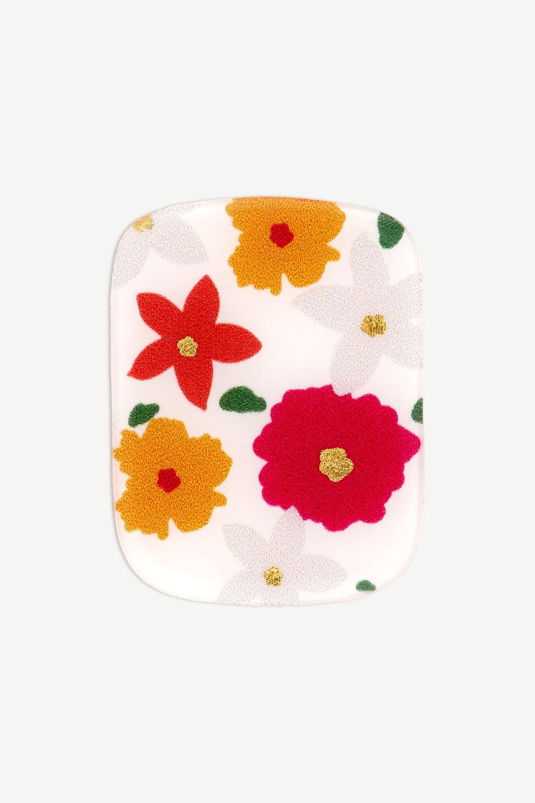 Macro image of a red, orange, and white floral gel toenail wrap with blossoms and green leave accents.