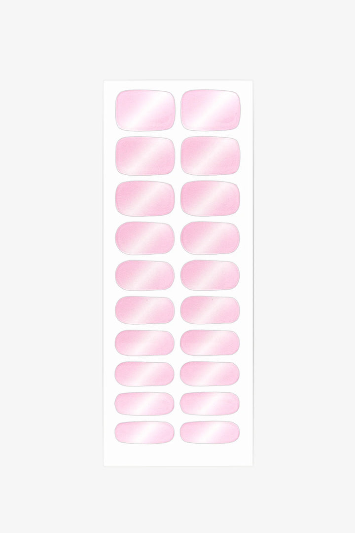 Sheet of semi-cured gel nail wraps in translucent pink tones with subtle shimmer and smooth, glossy surface.