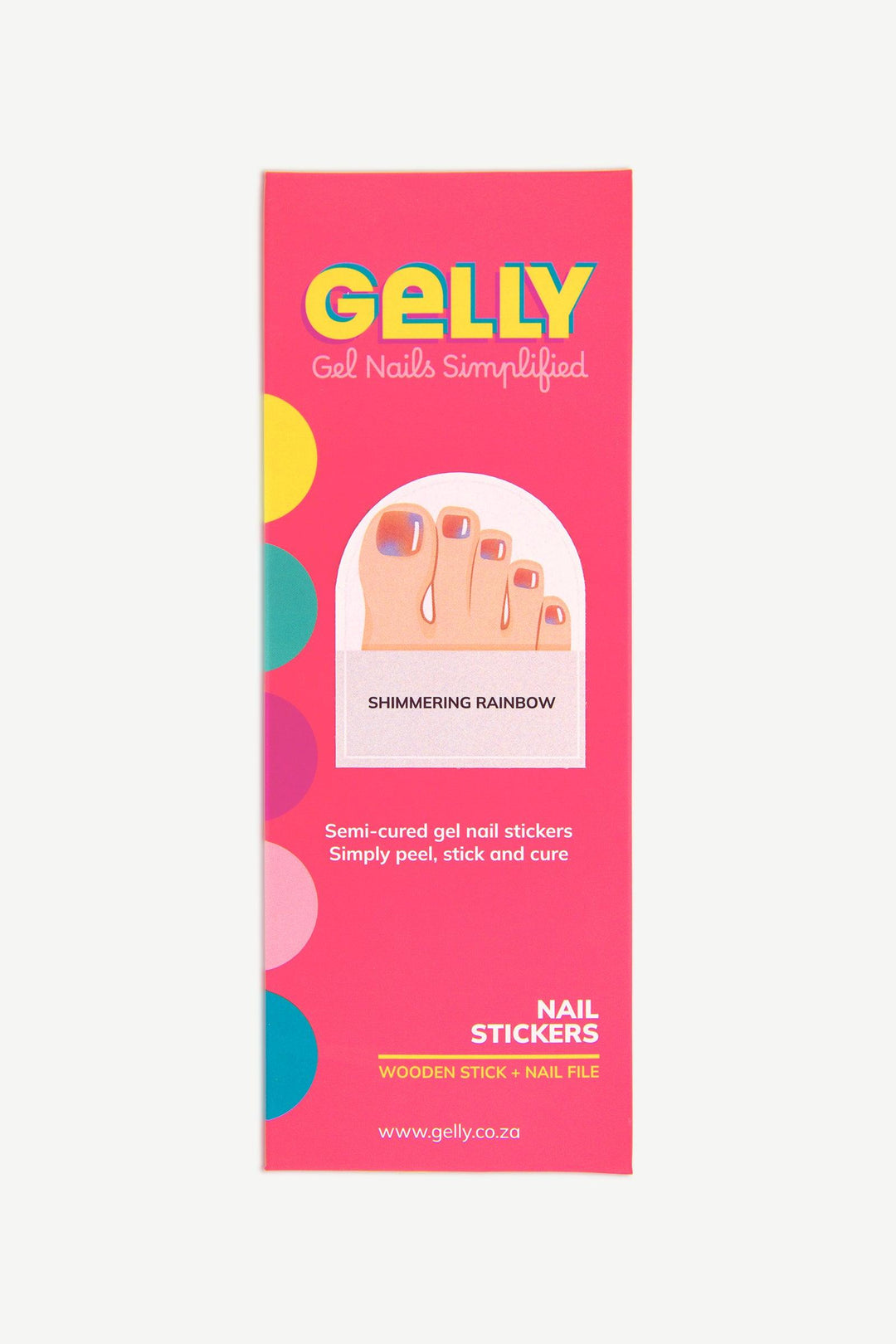 Gelly product packaging for shimmering rainbow stick-on gel nails.