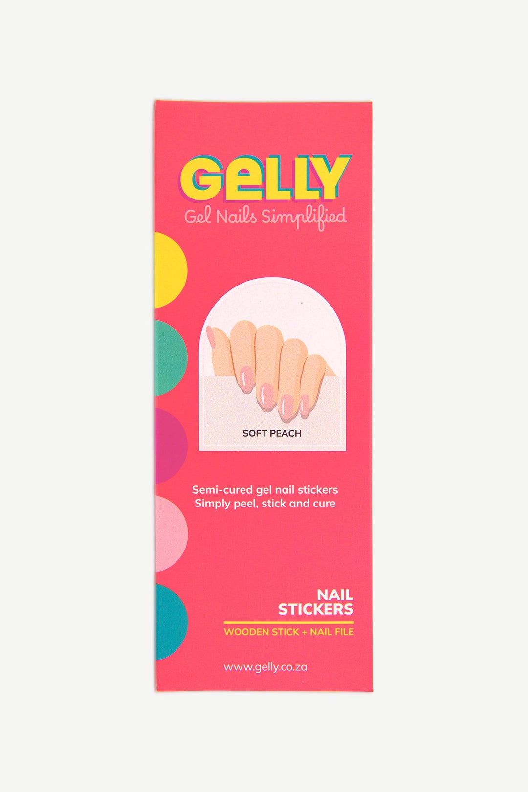 Packaging of soft peach gel nail stickers in bright pink Gelly box.