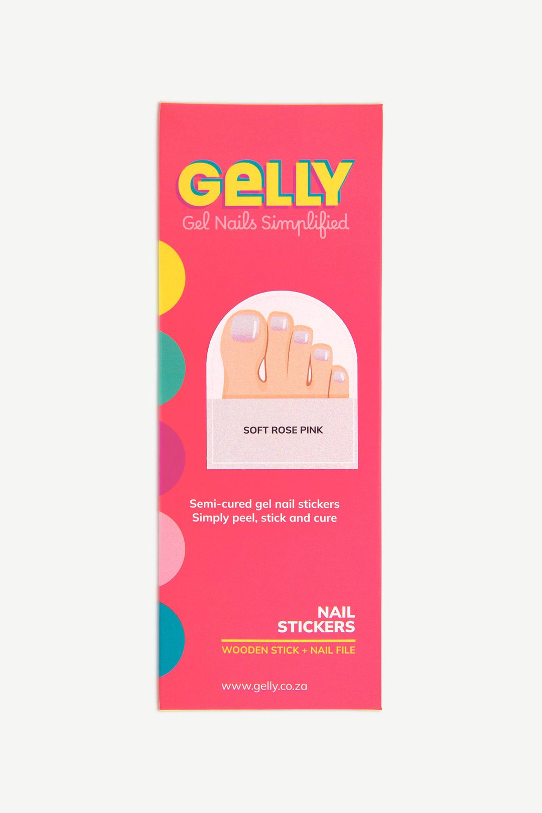 Gelly packaging for soft rose pink baby boomer gel toenail wraps.