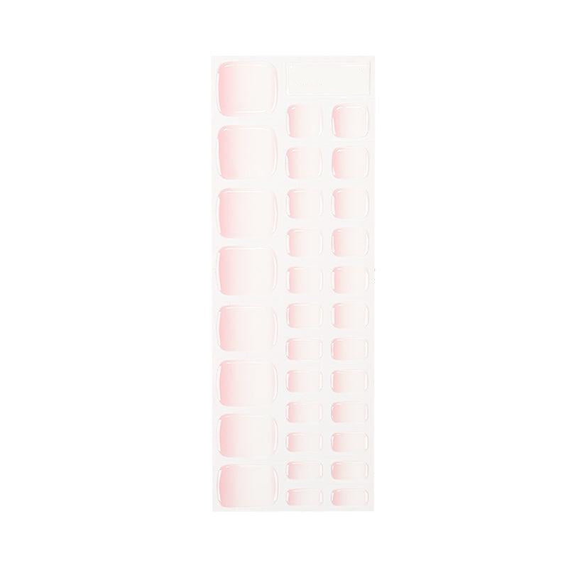Sheet of soft rose pink ombré gel toenail stickers in multiple sizes, arranged on a white backing.