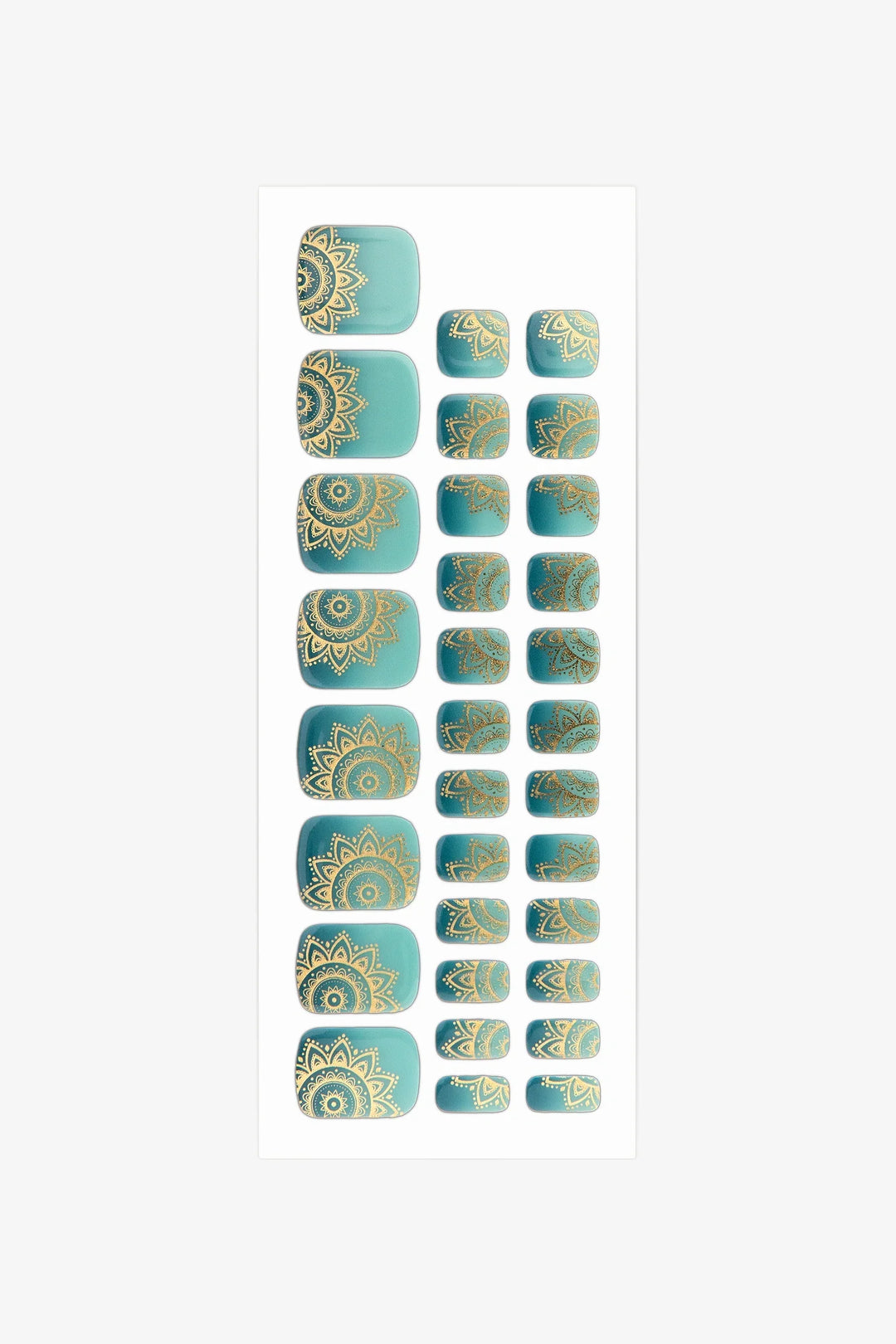 Sheet of semi-cured gel toenail wraps in teal-to-aqua gradient with intricate gold mandala detailing and a smooth, glossy surface.