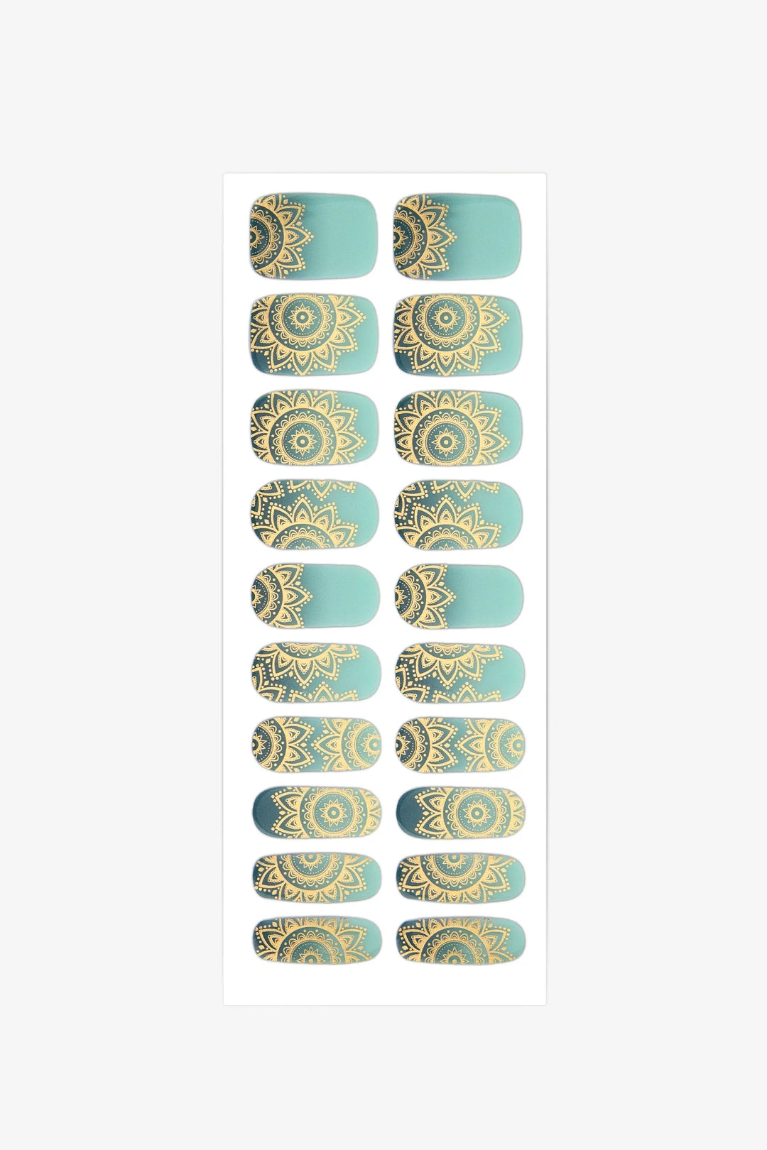 Sheet of semi-cured gel nail wraps in teal-to-aqua gradient with gold mandala details and a glossy surface.