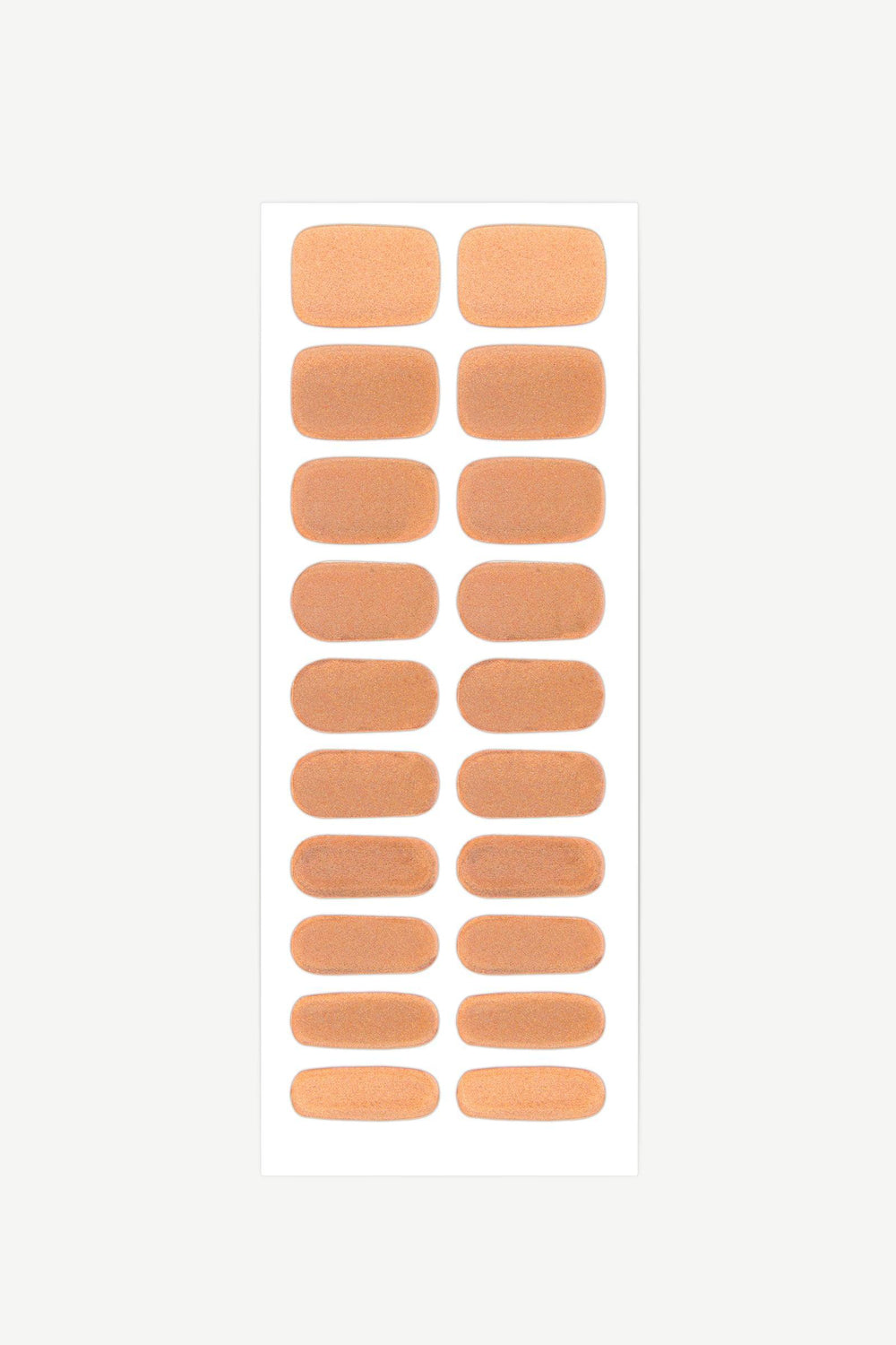 Sheet of copper shimmer gel nail wraps with metallic high-gloss finish and fully opaque coverage.