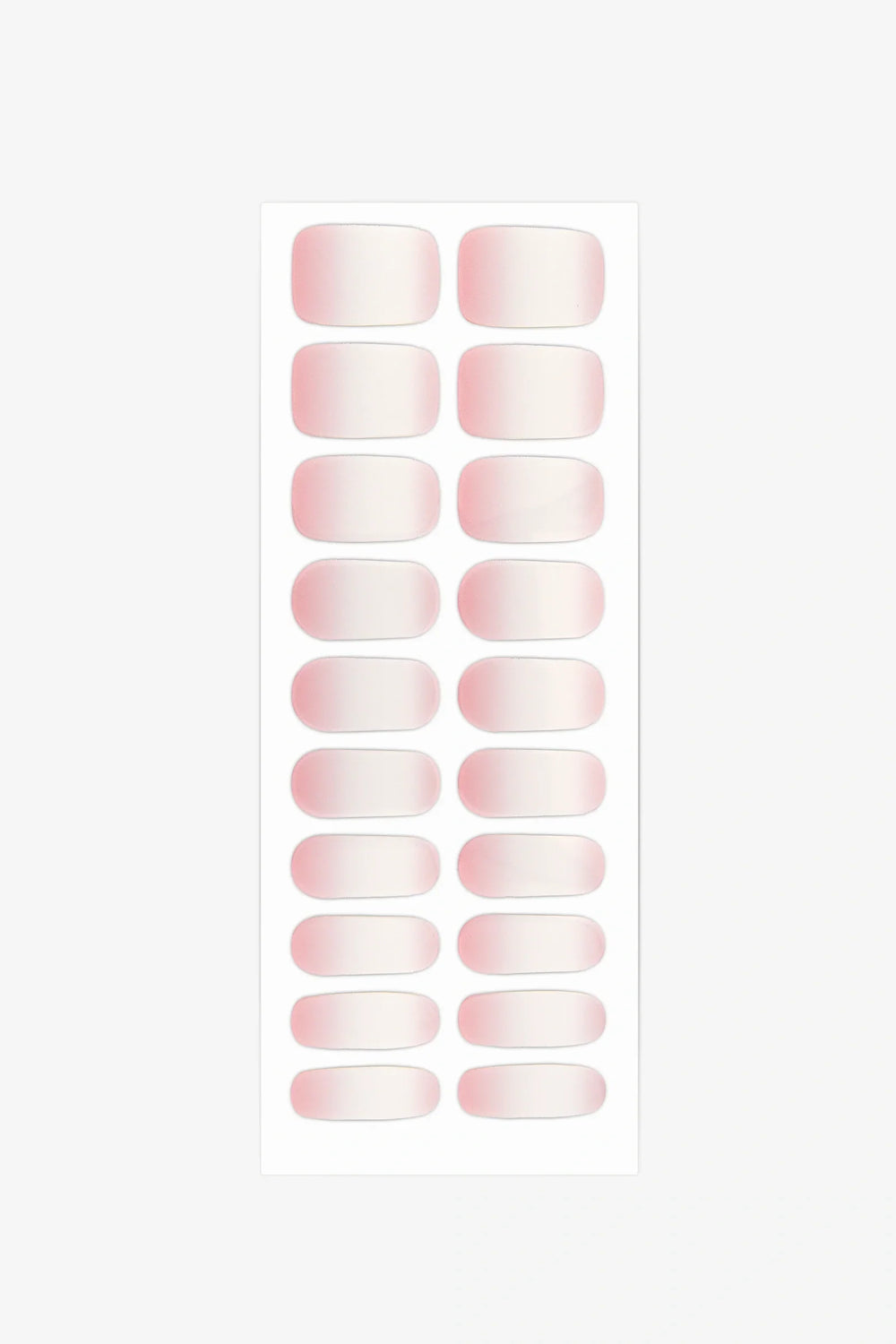 Full sheet of Baby Boomer gel nail wraps in a milky white to blush pink gradient, displayed in various sizes on a white background.