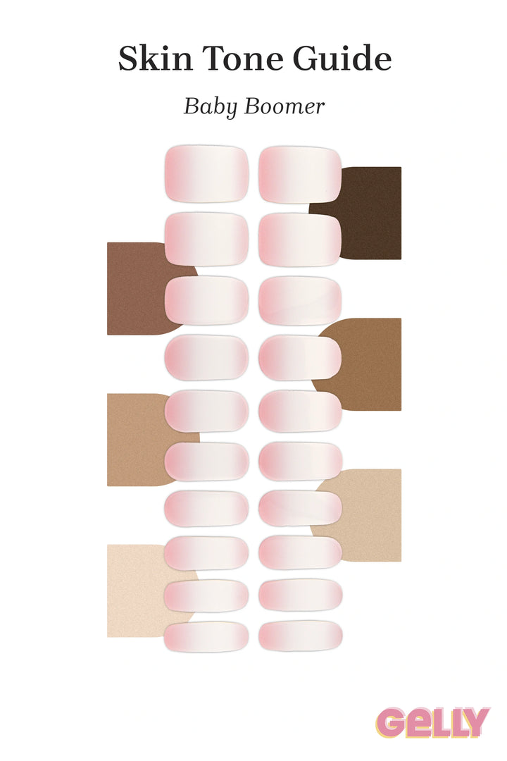 Gelly Skin Tone Guide showing a full set of Baby Boomer semi-cured gel nail wraps across light-to-deep skin tone swatches, highlighting colour tone and opacity.
