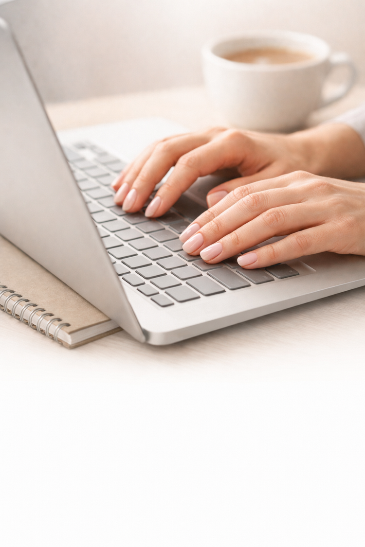 Hands typing on a laptop with soft pink gel nail wraps from the Gelly Back to Work edit