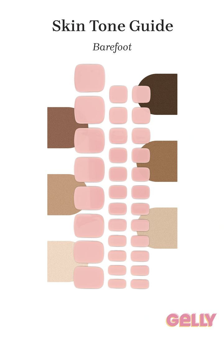 Gelly Skin Tone Guide showing a full set of Barefoot semi-cured gel toenail wraps across light-to-deep skin tone swatches, highlighting colour tone and opacity.
