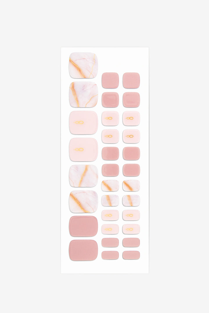 Full sheet of Blush Pink Marble semi-cured gel toenail stickers displaying various sizes on a white background.