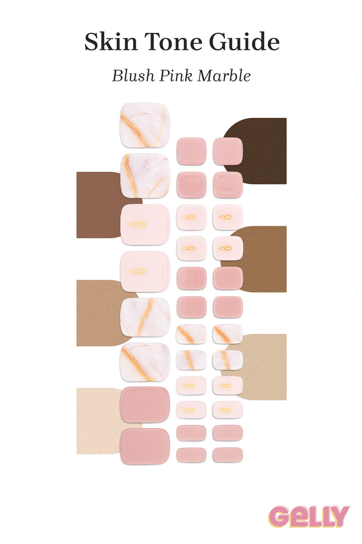 Gelly Skin Tone Guide showing a full set of Blush Pink Marble semi-cured gel toenail wraps across light-to-deep skin tone swatches, highlighting colour tone and opacity.