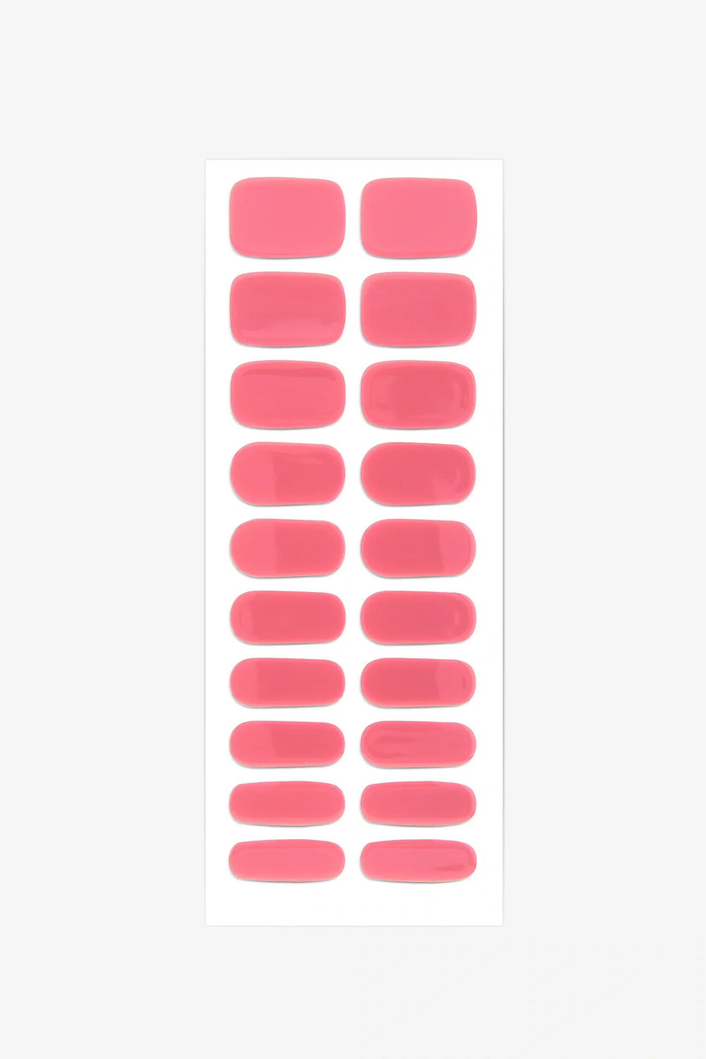 Full sheet of Bright Coral semi-cured gel nail stickers displaying various sizes on a white background.