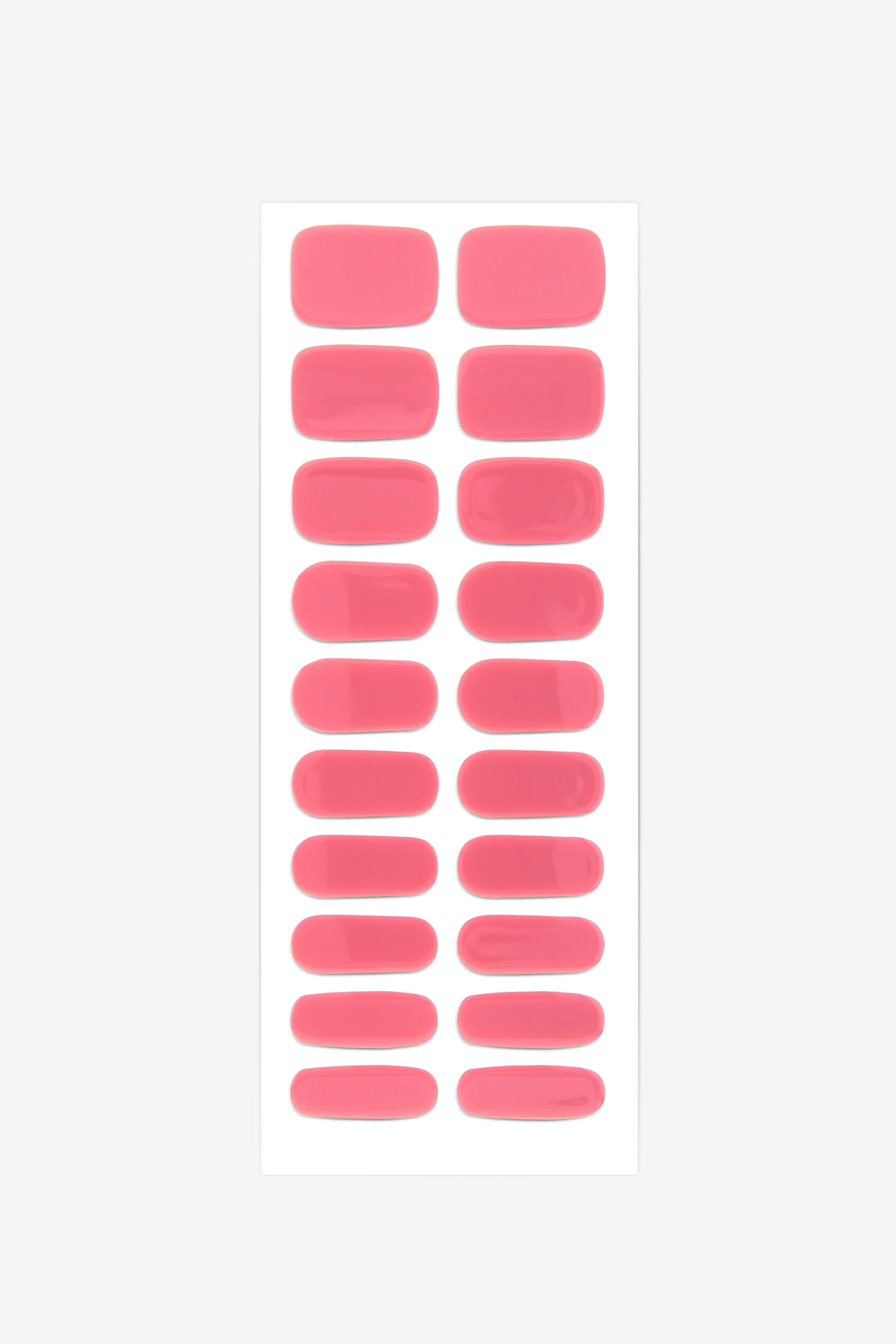 Full sheet of Bright Coral semi-cured gel nail stickers displaying various sizes on a white background.