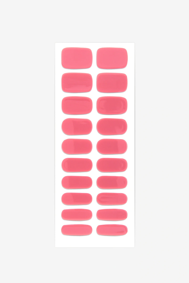 Full sheet of Bright Coral semi-cured gel nail stickers displaying various sizes on a white background.