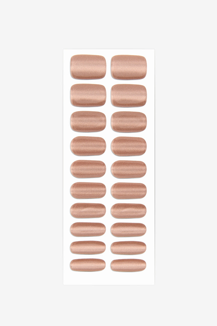 Full sheet of Bronze Cat Eye UV-free gel nail stickers displaying various sizes on a white background.