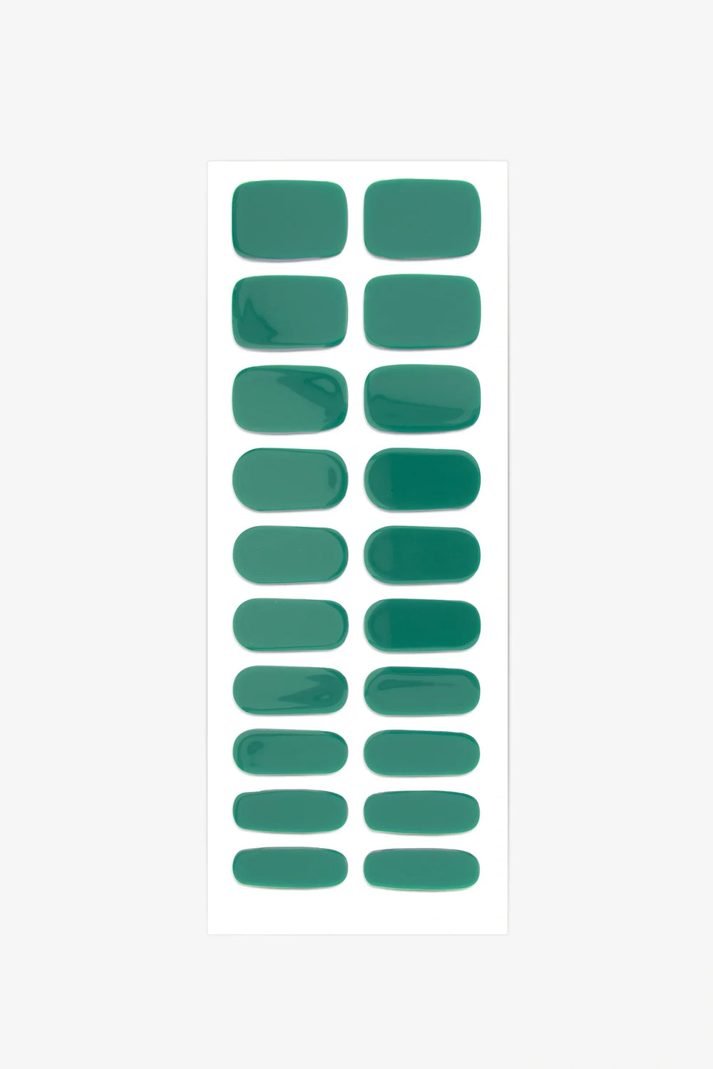 Full sheet of Brunswick Green semi-cured gel nail stickers displaying various sizes on a white background.