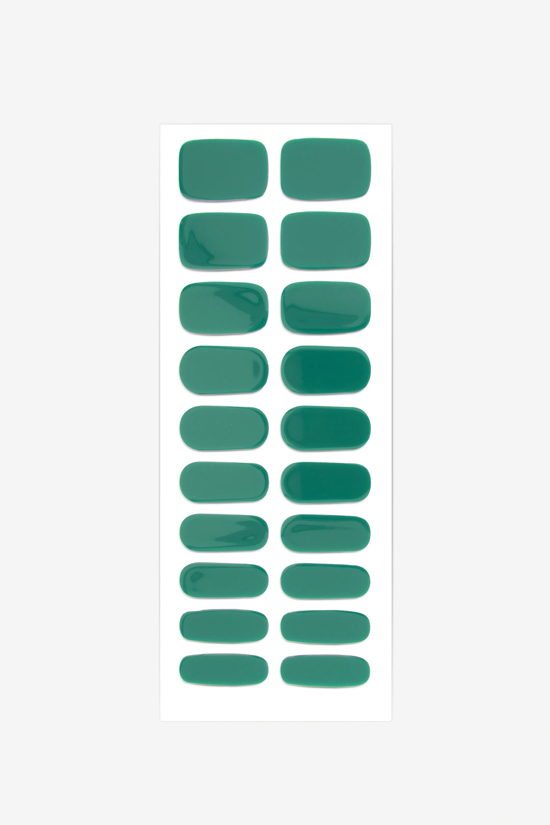 Full sheet of Brunswick Green semi-cured gel nail stickers displaying various sizes on a white background.