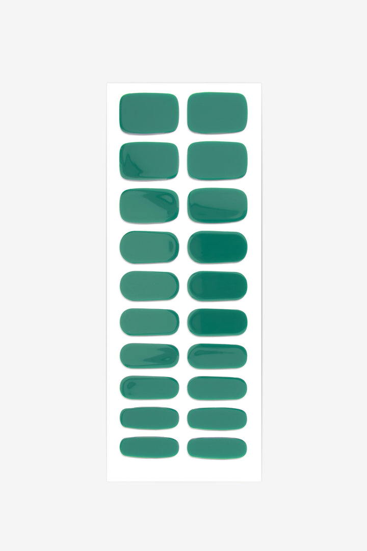 Full sheet of Brunswick Green semi-cured gel nail stickers displaying various sizes on a white background.